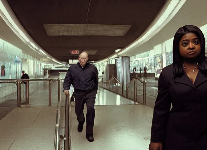 Image similar to cinematic shot of octavia spencer being chased down an escalator by walter white in a strange defunct abandoned mall, iconic scene from the paranoid thriller sci fi film directed by stanley kubrick, 2 4 mm anamorphic lens, backlit, moody strange cinematography, beautiful composition, color theory, leading lines, photorealistic, highly detailed scene moody lighting