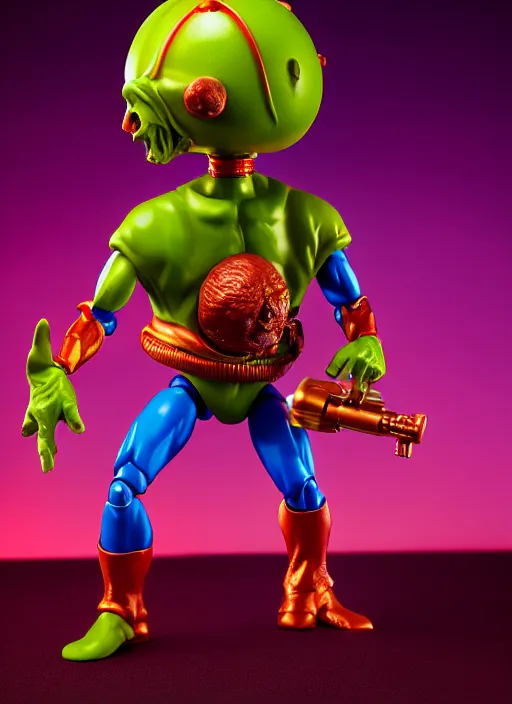 Image similar to hyperrealistic rendering, shiny mars attacks martian by and richard corben and jeff easley, product photography, action figure, sofubi, studio lighting, colored gels, rimlight, backlight