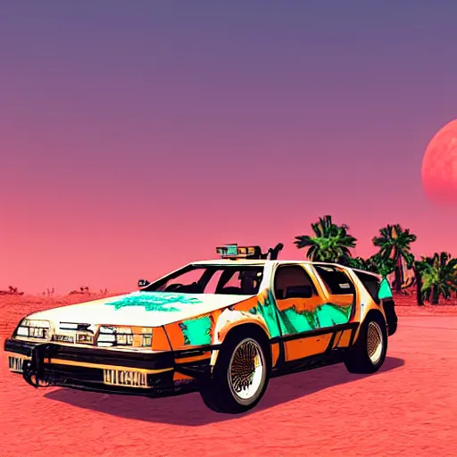 Image similar to wasteland hotline miami desert apocalypse car on fire wasteland war destroyed wide shot landscape nuke fire craters end of the world miami beach sunset palm trees 80s delorean unreal engine style