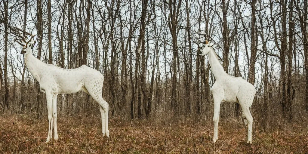 Image similar to a long maned spotless albino white giraffe elk walks alone thru an enchanted forest, majestic!!! beautiful!!!, ethereal!!!, loving, ultra realistic, winter, golden hour, volumetric lighting, sharp focus