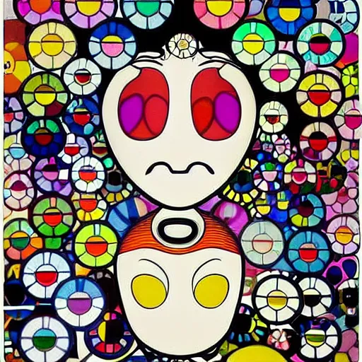 Image similar to melancholic by takashi murakami. the illustration is an abstract portrait of a woman. the woman's face is divided into two halves, one half is black & the other is white. the woman's eyes are large & staring. the illustration is full of energy & movement.