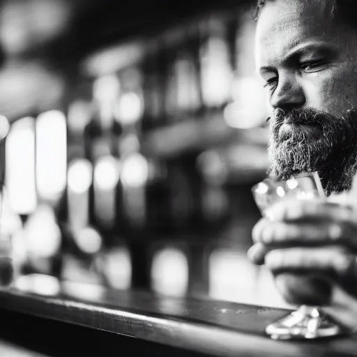 Image similar to A man sitting in a bar staring off into his drink while he ponders about life, 50mm Sigma lens