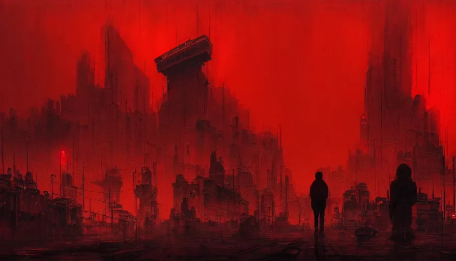 Image similar to only with red, soviet communism horror city apocalyptic atmosphere with soviet flag, in the style of beksinski and rodcenko and yue minjun and cory loftis, intricate and epic composition, red by caravaggio, highly detailed, masterpiece, red light, artstation, art nouveau