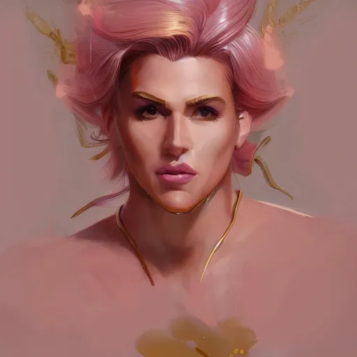 Prompt: illustration of a masculine drag queen, light pink, gold color scheme, artgerm, cushart krenz, artstation, soft light, sharp focus, award - winning, 4 k, 8 k, broad - brush, oil, symmetrical, digital art, character design, concept art