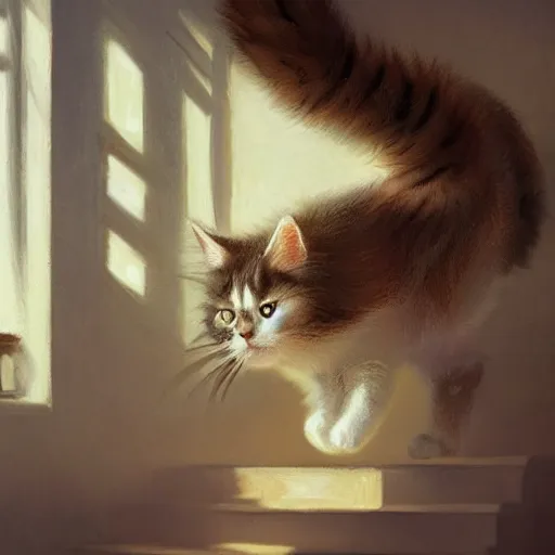 Prompt: long shot of fluffy cat walking down the stairs, daytime, long shadows, highly detailed, warm colors, artstation, concept art, sharp focus, illustration, masterpiece