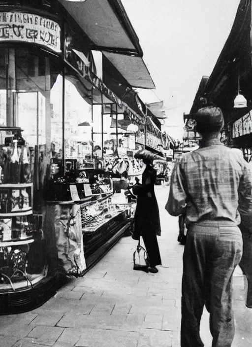 Prompt: a vintage photo of an alien shopping in old Batavia city