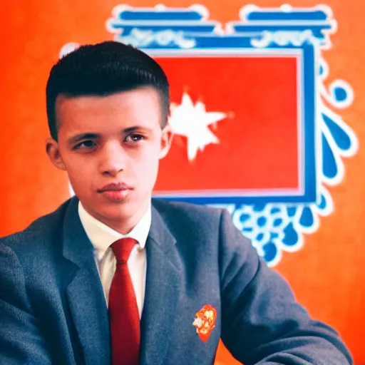 Image similar to A young man in a suit sits at a table , coat of arms of USSR with hammer and sickle in background, bokeh, cinestill, fine details