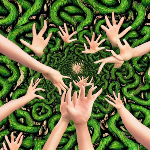 Prompt: many hands with many fingers growing from fractal vines