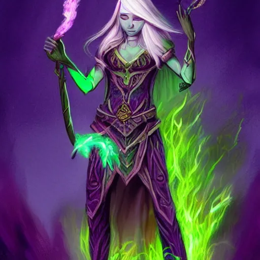 Image similar to a drow elf wizard, holding purple and green fire, female, auburn and blonde two toned hair, fantasy, d & d, intricate, elegant, highly detailed, digital painting, artstation, concept art, matte, sharp focus, illustration, in the style of magic the gathering