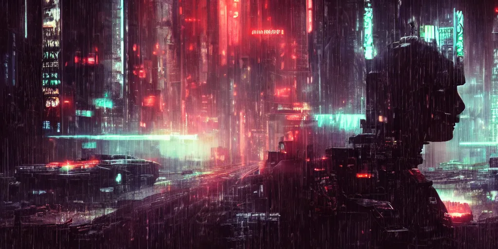 Prompt: artificial intelligence, cinematic style, 35mm, realistic digital art, cyberpunk, blade runner, trending on imagestation, film post process