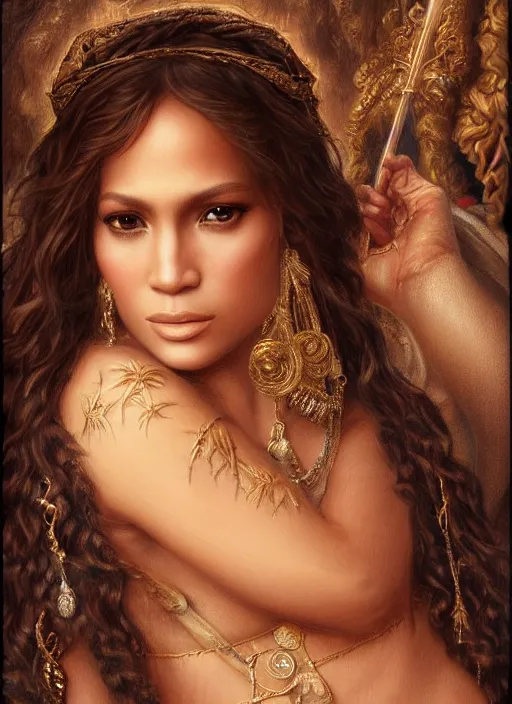 Image similar to J-Lo as nobility, beautiful detailed eyes, cute, fantasy, intricate, elegant, highly detailed, digital painting, 4k, HDR, concept art, detailed jewelry, smooth, sharp focus, illustration, art by John William Godward