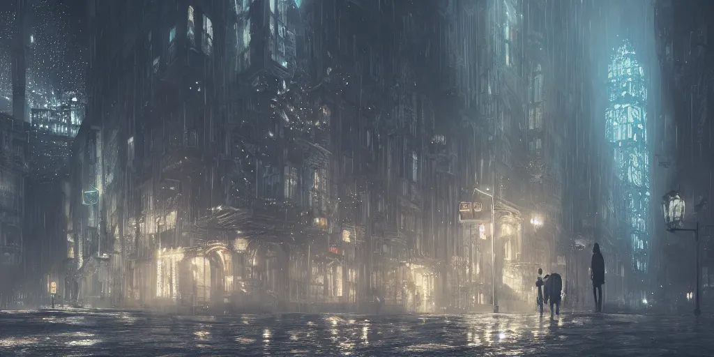 Image similar to a cold and melancholic city in a dark and rainy cavern, fantasy digital art, octane render, beautiful composition, trending on artstation, award - winning photograph, masterpiece