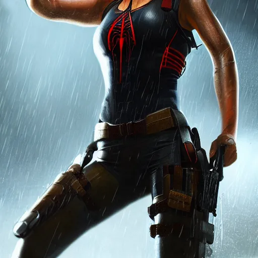 Image similar to Lara croft as spiderwoman,face get water , heavy rain ,dramatic, intricate, highly detailed, concept art, smooth, sharp focus, illustration, Unreal Engine 5, 8K