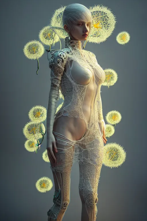 Prompt: intricate hyper detailed ultra sharp 3 d render of a beautiful porcelain cyberpunk women, unity of mood, large pore fungi embroidered, bright light, art nouveau, haute couture alexander mcqueen leaves stems dahlia transparent fractal dandelion yellow pistil filigree roots, octane render, volumetric cinematic lighting, 8 k post - production