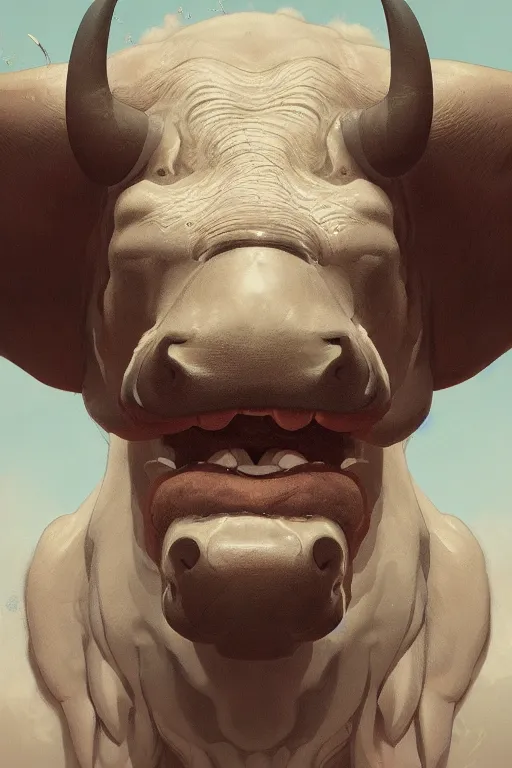 Image similar to a portrait of bull illustrated by miyazaki by karol bak, james jean, tom bagshaw, rococo, sharp focus, trending on artstation, cinematic lighting, hyper realism, octane render, 8 k, hyper detailed, vivid, ultra detailed, highly detailed