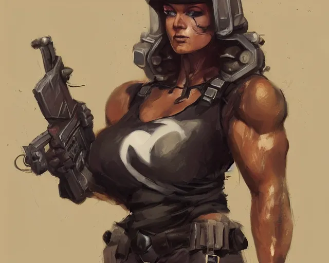 Image similar to portrait of a female bodybuilder dark witch in team fortress 2 style, epic, tragic, military art, fantasy, dieselpunk, hd shot, digital portrait, beautiful, artstation, comic style, by artgerm, guy denning, jakub rozalski, magali villeneuve and charlie bowater