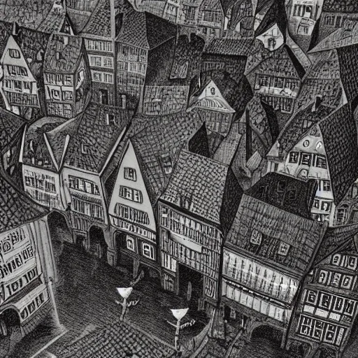 Image similar to dark fantasy, 17th century German city, dark stone, rain, view from above, hyper-detailed