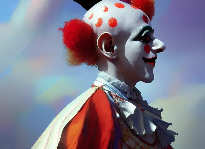 Image similar to award winning digital art of a magnificent pierrot jester wearing a traditional pierrot outfit, performing at a magnificent carnival, beautiful background, trending artstation, digital art, aesthetic, bloom, intricate, elegant, sharp focus, digital illustration, highly detailed, octane render, digital painting, concept art, art by ruan jia and greg rutkowski and sachin teng, masterpiece