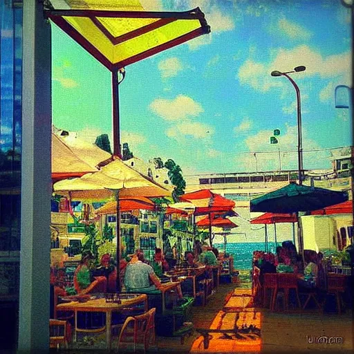 Prompt: “ sunlit café in Tel Aviv, busy, daytime, happy, in the style of Monet”