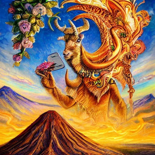 Prompt: painting by senior concept artist josephine wall, horned ram goddess checking her cell phone, erupting volcano and sunset in distance in background, flowers in foreground, zodiac, fantasy, acrylic on canvas, intricately detailed, highly detailed, high resolution, hdr, 8 k, trending on artstation