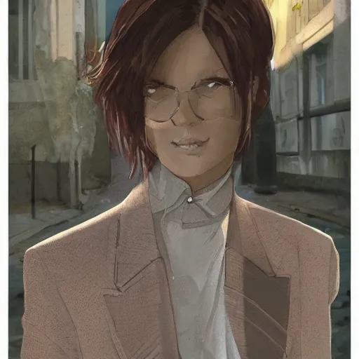 Prompt: woman in business suit, brown neat hair, pixiv, fanbox, trending on artstation, digital art, portrait, modern, sleek, highly detailed, formal, serious, determined, competent, colorized, smooth, charming, pretty, safe for work, law office