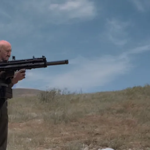 Image similar to Film Still of Mike Ehrmantraut aiming a mounted machine gun, 8k, highly detailed, centered