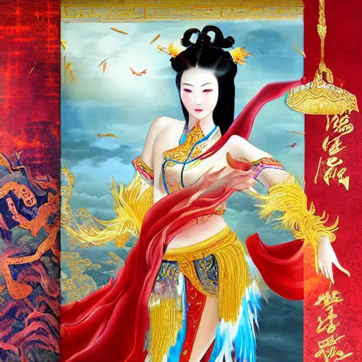Prompt: aerial dance + chinese princess + goddess + tang dynasty + mythology + gorgeous + silk + floating ribbon + ink painting + tarot cards + red background + golden silk edge + unreal engine