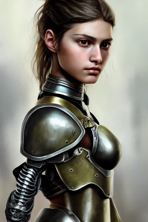 Prompt: a photorealistic painted portrait of an attractive young girl, partially clothed in dull metal-plated battle armor, olive skin, long dark hair, beautiful bone structure, symmetric facial features, perfect eyes, natural physique, intricate, elegant, digital painting, concept art, finely detailed, beautifully illustrated, sharp focus, minimal artifacts, photographic appearance, from Metal Gear, by Ruan Jia and Mandy Jurgens and Artgerm and William-Adolphe Bouguerea, in the style of Greg Rutkowski, trending on Artstation, award winning