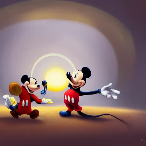 Prompt: mickey mouse fights remy from ratatouille, disney, award - winning, artstation, bright lighting,