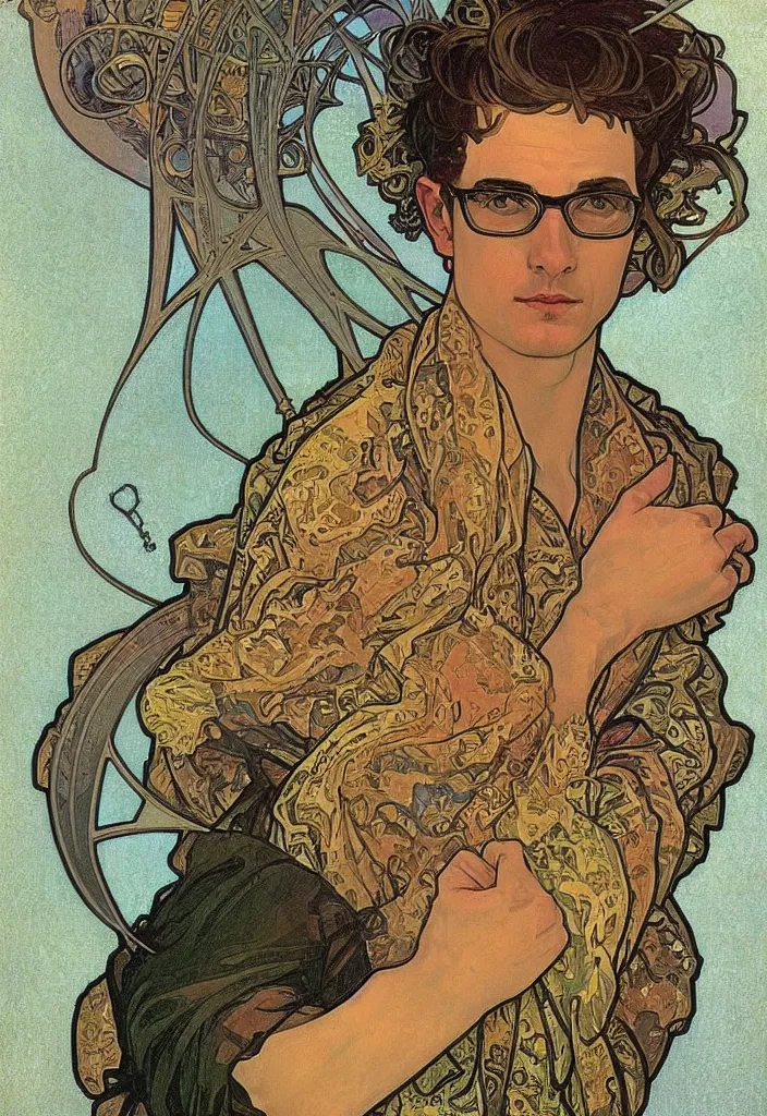 Prompt: Ian Goodfellow in glasses portrayed on a tarot card, tarot in art style by Alphonse Mucha