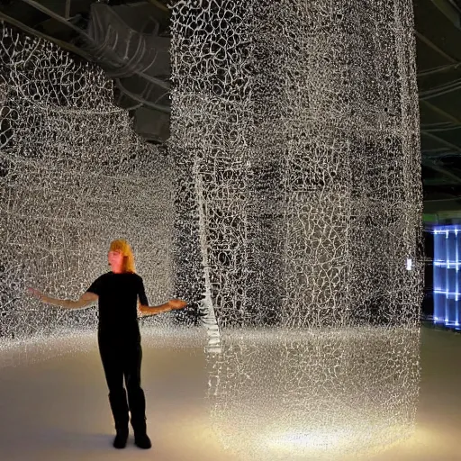 Image similar to A installation art. A rip in spacetime. Did this device in her hand open a portal to another dimension or reality?! by Bruce Munro, by John Martin realist