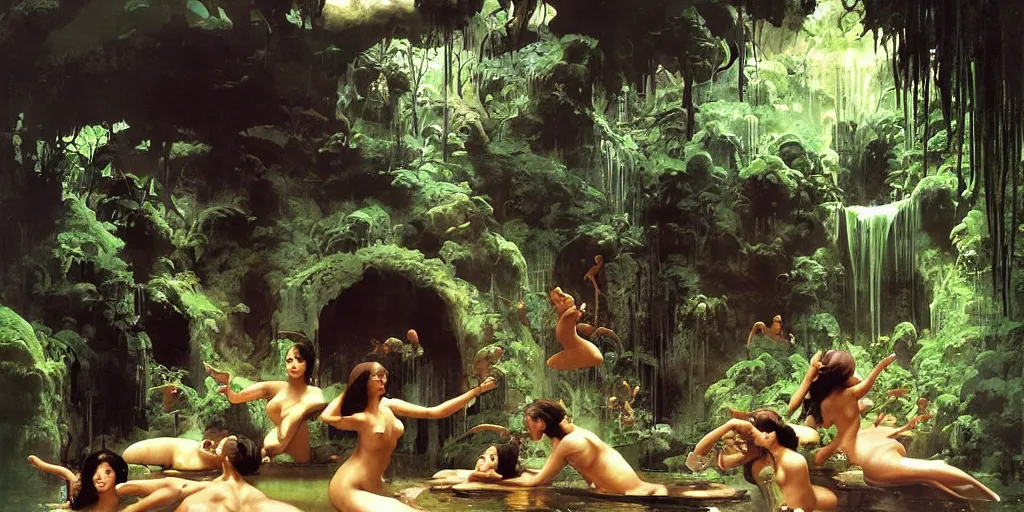 Image similar to a tropical cave that renovate as a luxury interior as several beautiful women bathe in the waters by syd mead, frank frazetta, ken kelly, simon bisley, richard corben, william - adolphe bouguereau, detailed sci - fi architectural concept art