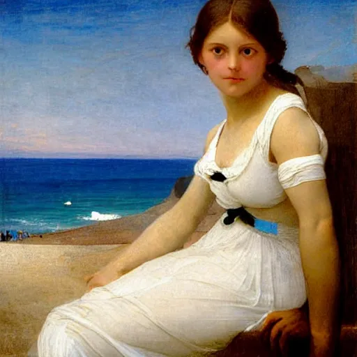 Prompt: A girl on the front of a Balustrade with costa blanca beach on the background by paul delaroche