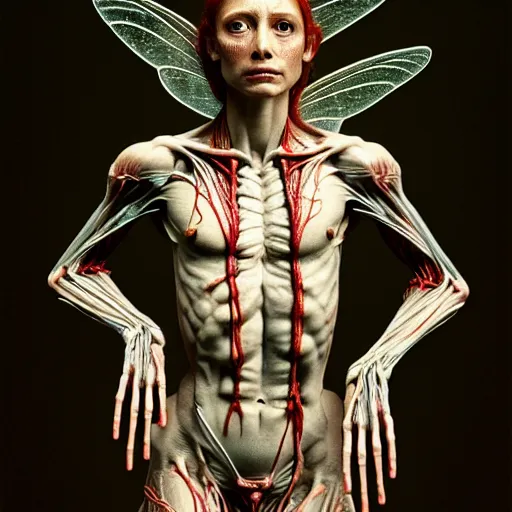 Image similar to female fairy with translucent skin, visible muscles and veins and arteries and bones and spine and nerves, beautiful detailed intricate insanely detailed octane render, 8K artistic photography, photorealistic, chiaroscuro, by David Cronenberg, Raphael, Caravaggio