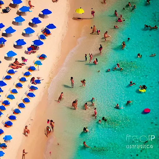 Image similar to photograph beachscapes from an almost perpendicular angle, Aerial view of sandy beach with umbrellas and sea, Aerial of a crowded sandy beach with colourful umbrellas, sun bathers and swimmers during summer, by Tommy Clarke