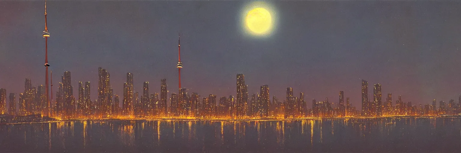 Image similar to awe-inspiring bruce pennington landscape, digital art painting of 1960's toronto at Night 4K, matte