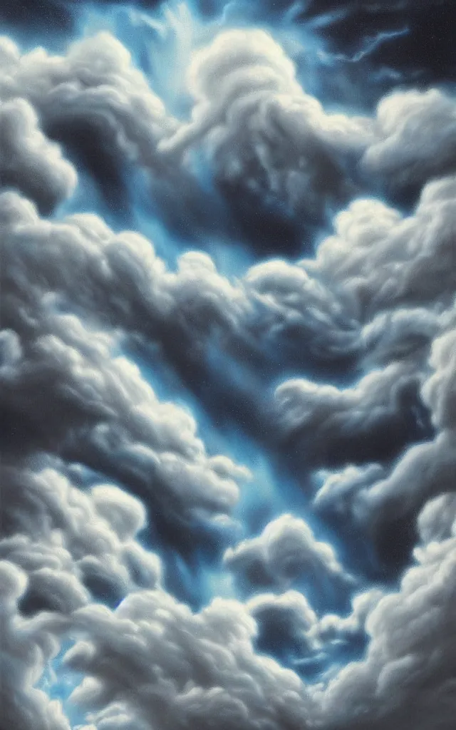 Image similar to blue and white night dramatic storm airbrushed clouds black background, airbrush fantasy 80s, realistic detailed masterpiece