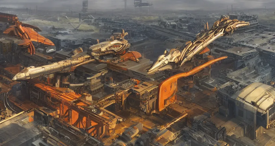 Prompt: a gigantic mechanical dragon flying over a factory, maschinen krieger, ilm, beeple, star citizen halo, mass effect, transformers, elysium, iron smelting pits, high tech industrial, warm saturated colours