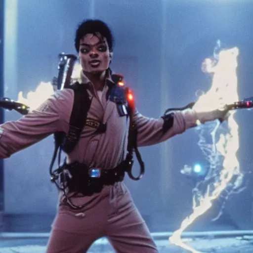 Image similar to stunning awe inspiring michael jackson as a ghostbuster in the movie ghostbusters, movie still 8 k hdr atmospheric lighting