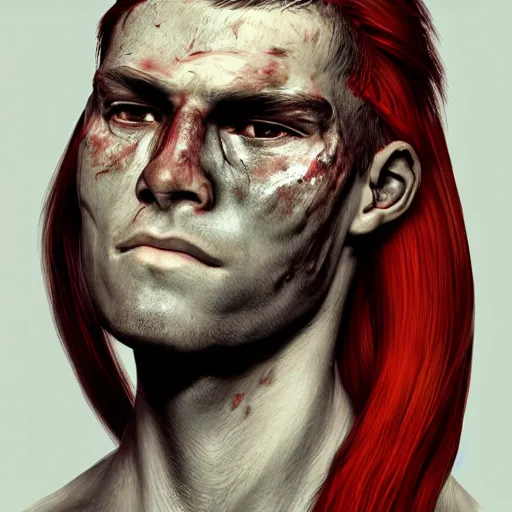 Image similar to portrait, 30 years old man :: red hair ponytail :: burned face, grimy, rough :: high detail, digital art, RPG, concept art, illustration