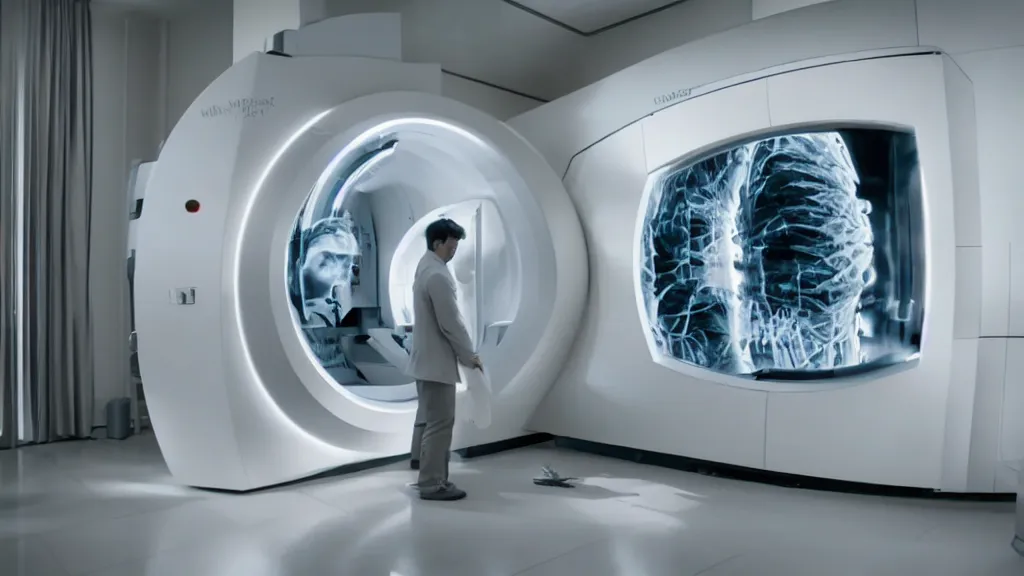 Image similar to an mri image open mri machine portal in the living room, film still from the movie directed by denis villeneuve with art direction by salvador dali, wide lens