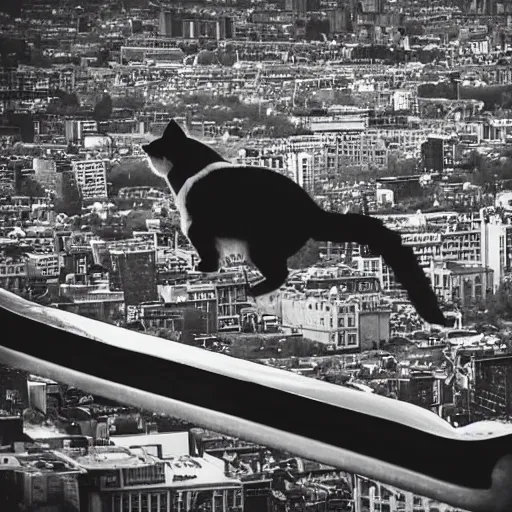 Prompt: cat flying over the city on a skateboard