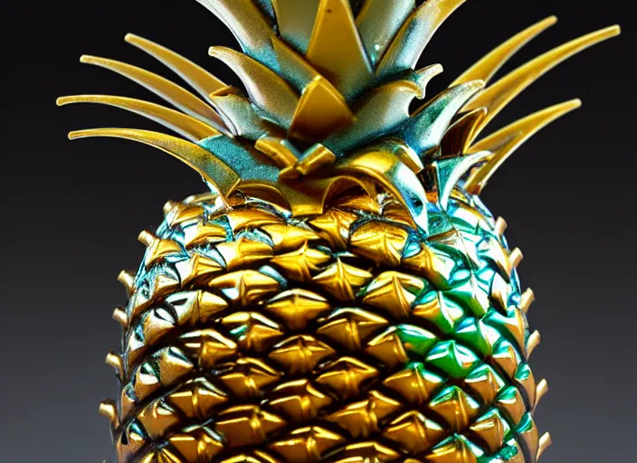 Prompt: photo of an intricate mechanical glass pineapple with gearbox and electronics and cybernetics inside, growing off a tree branch. very detailed, 8k, fantasy cyberpunk horror