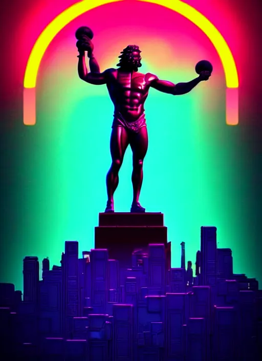 Prompt: statue of hercules, beeple, android jones, liam wong, ( ( ( ( ( dan mumford ) ) ) ) ), vaporwave, retrowave, black background, thin neon lines, black, glitch, strong contrast, cuts, pinterest, trending on artstation