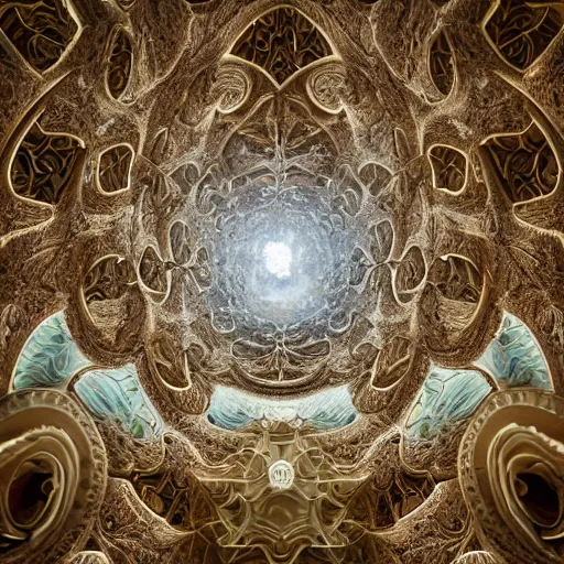 Image similar to a beautiful 3 d painting of a huge sprawling fractal cathedral interior populated by mandelbrot fractals by android jones, unreal engine, carved stone, carved soap, white color scheme, volumetric lighting, octane render, dramatic lighting, glowing, carved marble, opalescent, sacred geometry, religious, angelic, catholicpunk, stark, 8 k, ultra detailed