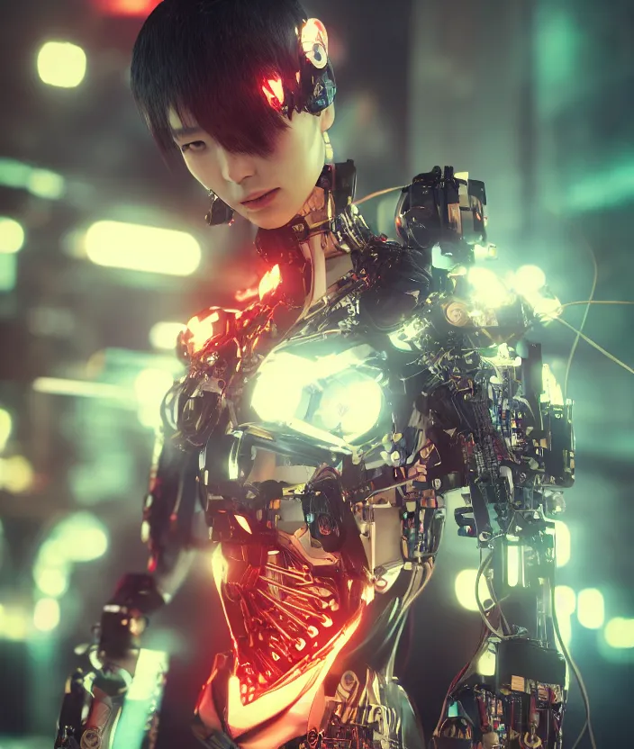 Prompt: japanese model cyborg with digital led panel skin, neon lighting, techno neon projector background, akihiko yoshida style, portrait photo, intricate details, ultra realistic, unreal engine 5, depth of field, bokeh, octane render