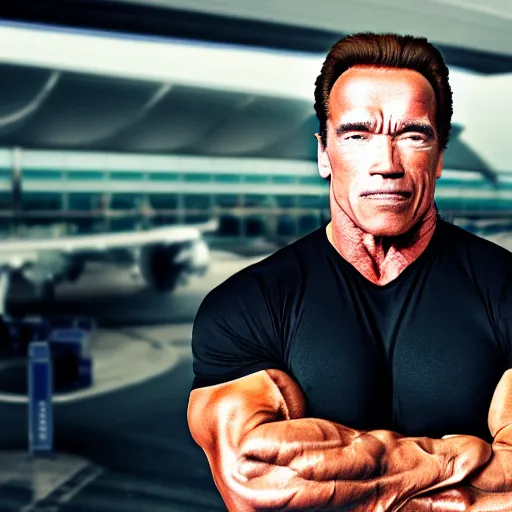 Image similar to arnold schwarzenegger working at the airport, 4 k, hyper realistic, dslr, high resolution, landscape, beautiful