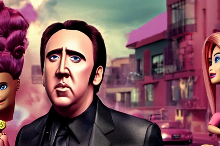 Prompt: Nicolas cage in barbie grilling high resolution still film