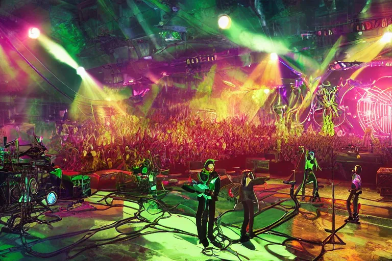 Prompt: an outdoor festival stage with audience, on stage is a rockband with 3 steampunk robots with guitars and drums, center of the stage is a big steampunk generator, laser show, 8 k, fluorescent colors, halluzinogenic, multicolored, exaggerated detailed, unreal engine, 8 0 mm lens