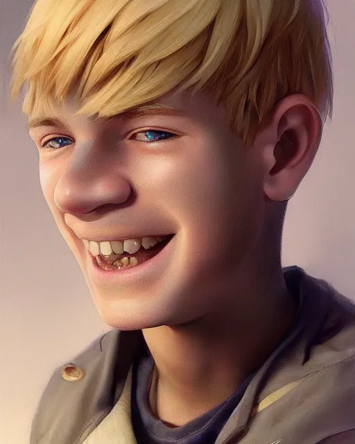 Prompt: portrait of 1 5 - year - old boy with blonde hair, round - face, smile with and slightly buck - toothed, hyper realistic face, beautiful eyes, character art, art by artgerm lau and wlop and and ilya kuvshinov and john singer sargent, hyperdetailed, symmetrical, cryengine, trending on artstation, digital art